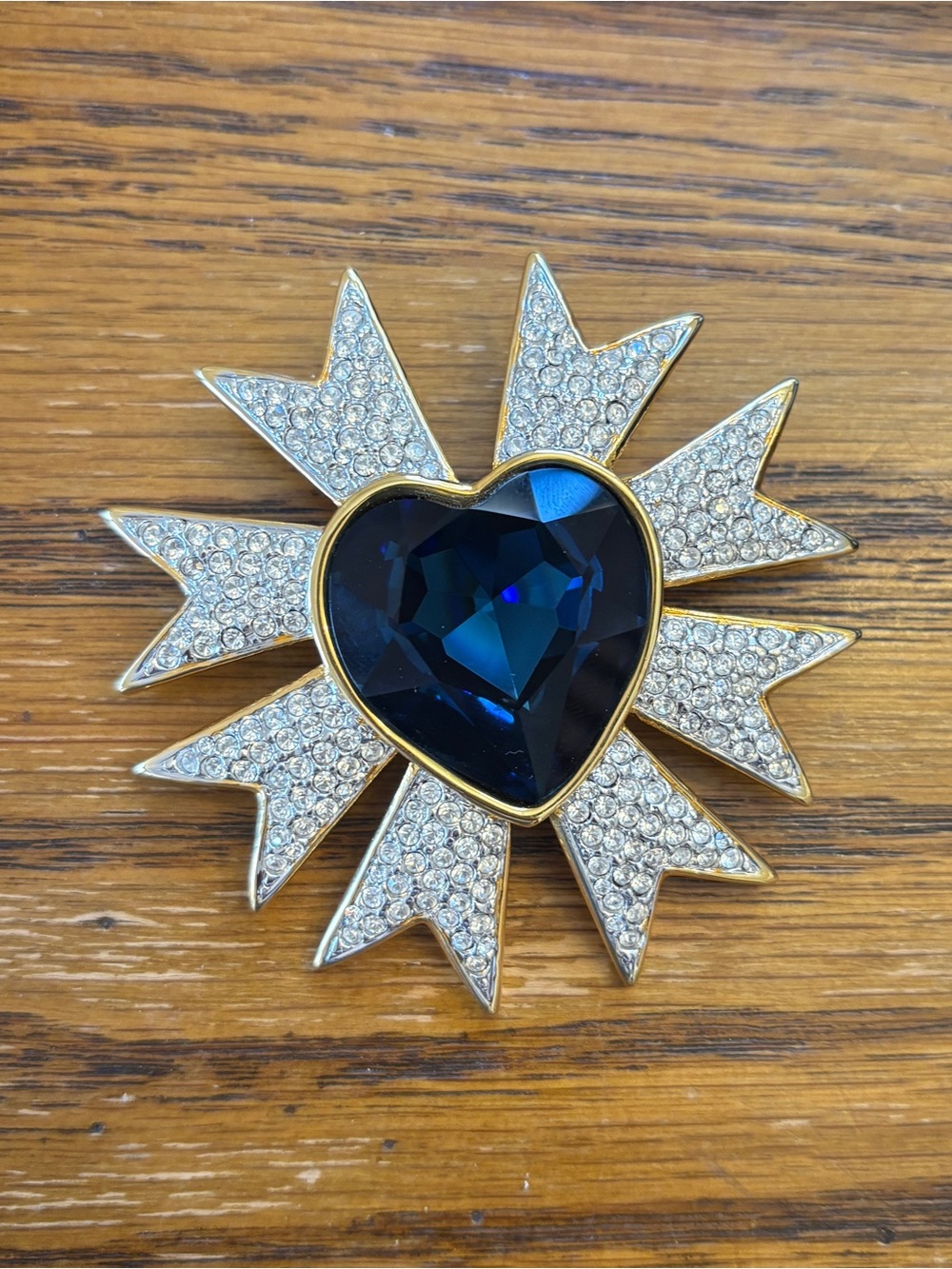 Joan Rivers Heart Sunburst Brooch with Deep Blue Center Full Set